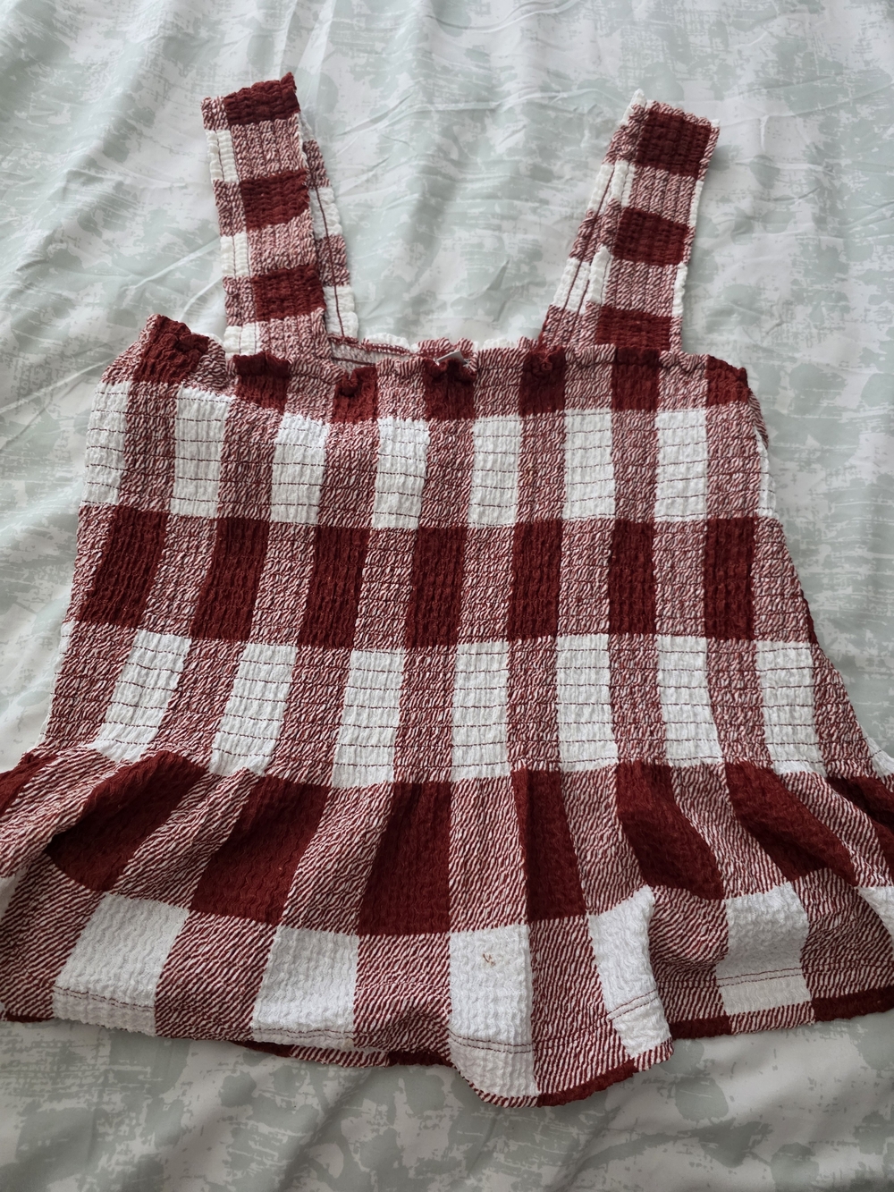 LOFT Rust and White Smocked Gingham Tank